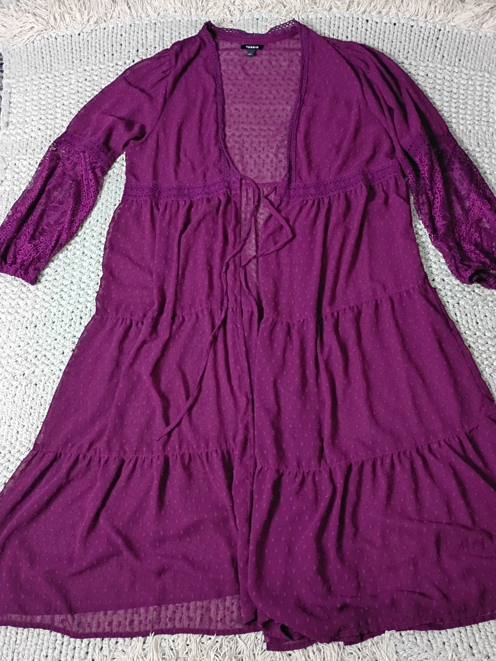 Torrid Sheer Plum Dotted Lace Sleeve Boho Maxi Duster with Tie Front, Size 2 - Picture 9 of 9